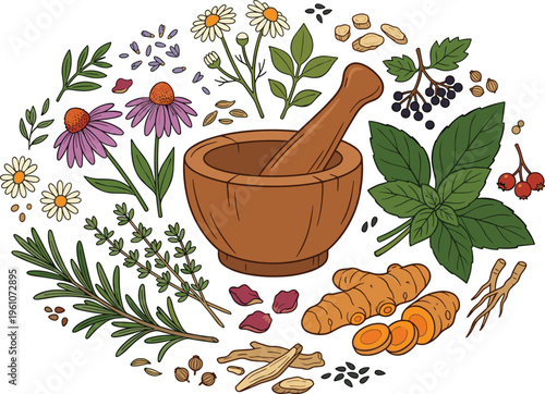 Hand drawn herbal medicine circular arrangement featuring mortar and pestle with turmeric, echinacea, rosemary, and peppermint for holistic wellness, organic apothecary branding, and natural health in