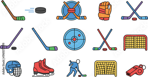 Ice hockey equipment icon set featuring sticks puck helmet skates goal net and player gear colorful sports illustrations