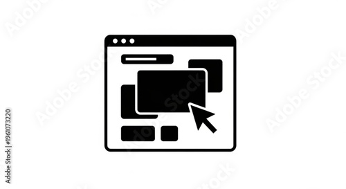 A minimalist vector graphic of a web browser window with a cursor clicking on a rectangle