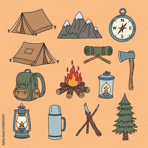 A cartoon-style illustration of a vintage lantern and backpack on a warm orange background, evoking a sense of adventure and exploration.