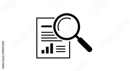 A minimalist vector graphic of a magnifying glass examining a document with bar chart and lines