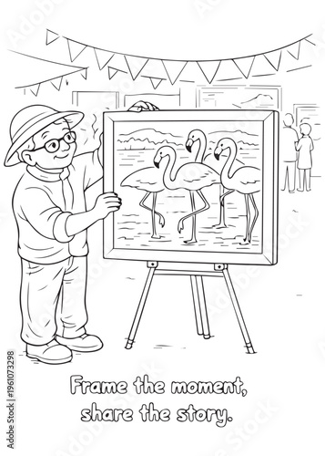 coloring book page grandfather framing the moment and sharing a flamingo story on an easel