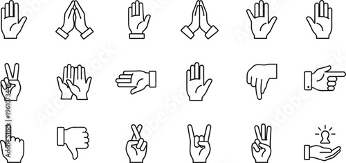 Line hand gesture icons set including pointing thumbs up peace sign and communication symbols vector illustration