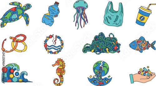 Ocean pollution concept illustrations with plastic waste marine animals and environmental awareness elements vector collection for eco design