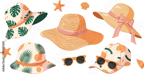 Summer Hats and Sunglasses Set with Straw Hats, Tropical Patterns and Beach Accessories Vector Illustration