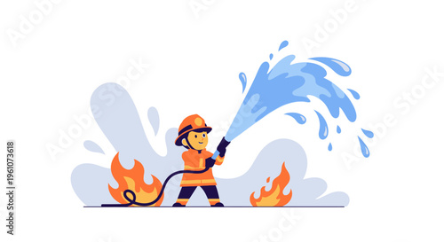 Firefighter spraying water on flames.