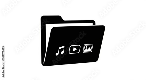 A black folder icon with music, video, and photo symbols on a white background