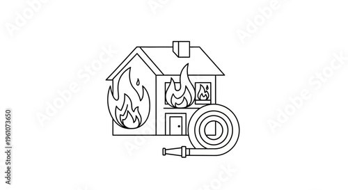 House on fire with firehose nearby.