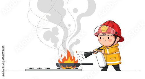 Fireman spraying fire extinguisher cartoon.