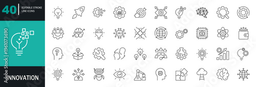 Innovation icon set. Containing creativity, invention, visionary, idea generation, solution, brainstorming, revolution, and more. Editable line icons. Vector illustration. 
