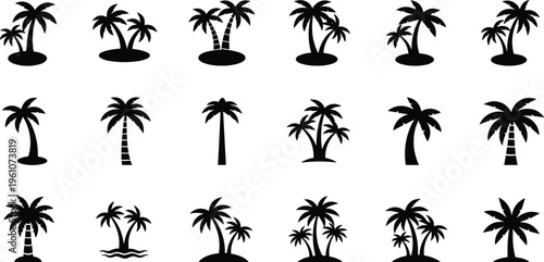 Palm tree silhouette vector set with tropical island trees black minimal shapes for summer beach design collection
