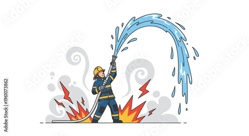 Firefighter spraying water on flames outside.