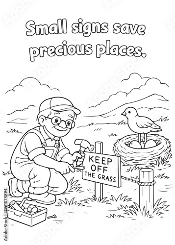 coloring book page grandfather placing small signs to save a precious flamingo habitat