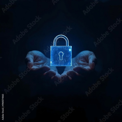 A glowing blue digital padlock protected by cupped hands in darkness