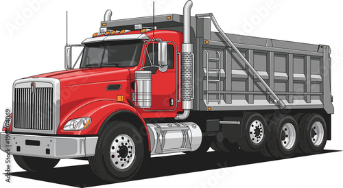 Heavy duty red dump truck vector illustration, construction vehicle transport, industrial hauling truck design, realistic commercial lorry graphic, isolated on white background