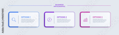 Modern gradient UI option cards infographic with search time and analytics icons