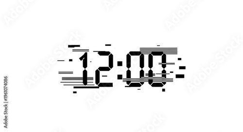 A distorted digital clock display showing 12:00 in a futuristic glitch art style