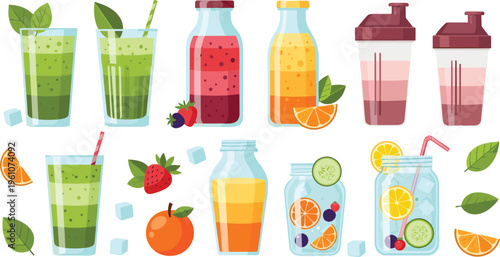 Fresh Juice and Smoothie Set with Fruit Drinks, Detox Beverages and Healthy Refreshment Vector Illustration