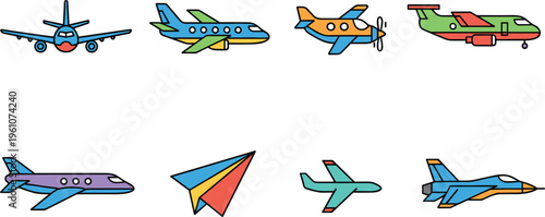 Set of colorful airplane icons including jets propeller planes and paper plane vector illustration collection for aviation design