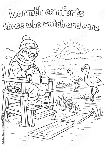 coloring book page grandfather resting in a chair while watching and caring for flamingos