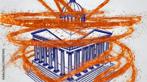 Blue outline of a classical building with a dome, adorned with orange brush strokes