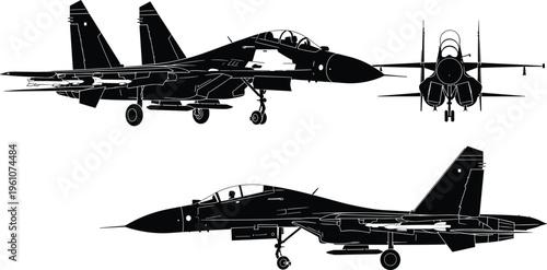 Modern fighter jet vector illustration, military aircraft set, combat plane silhouettes with landing gear, air force aviation design, isolated black jets on white background