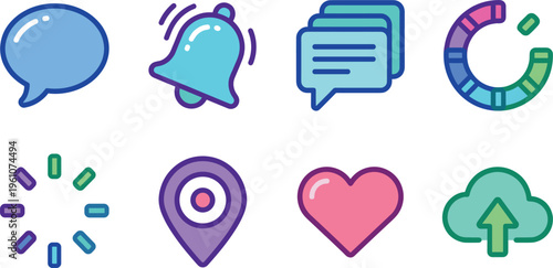 Set of colorful UI icons including chat notification location heart and cloud upload vector illustration collection design