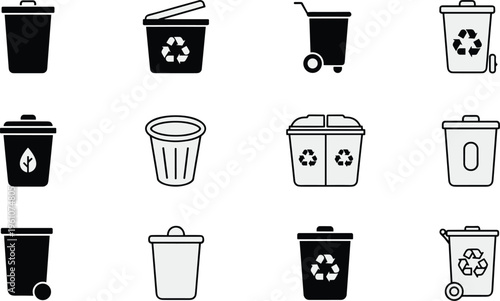 Trash and recycling bin outline icon set featuring waste containers eco symbols and minimal sanitation design collection