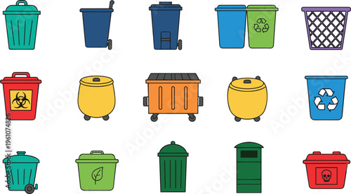 Waste bin and recycling container icon set featuring trash cans biohazard bins and eco waste management illustrations