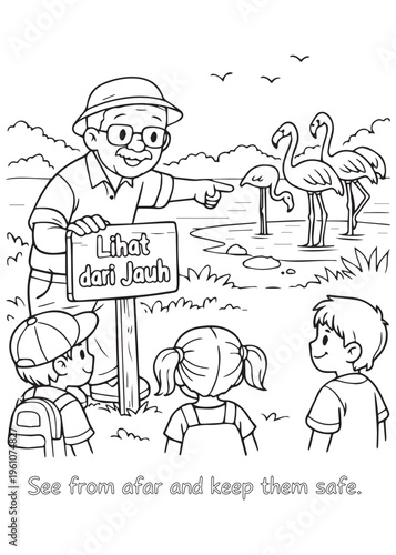 coloring book page grandfather teaching children to keep birds safe from afar