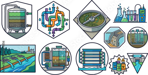 Water treatment and purification process vector set featuring filtration systems laboratory testing wastewater recycling and environmental engineering illustrations