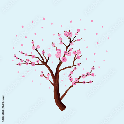 Flat vector illustration of blooming Sakura branch with flying petals in heart shape. Spring concept illustration of cherry tree in bloom. 