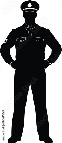 Black silhouette, of a police officer in uniform, standing with hands on hips, isolated on white background, professional law enforcement vector.