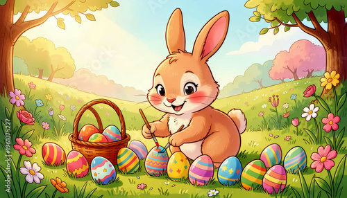 Easter bunny painting festive eggs in spring field