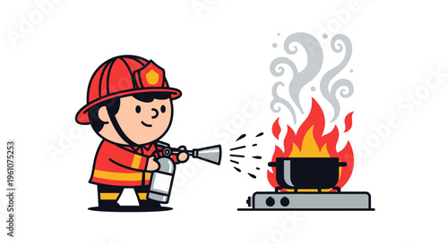 Cartoon fireman extinguishing kitchen flames.