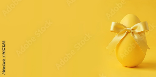 Yellow easter egg featuring gold ribbon bow with Copyspace