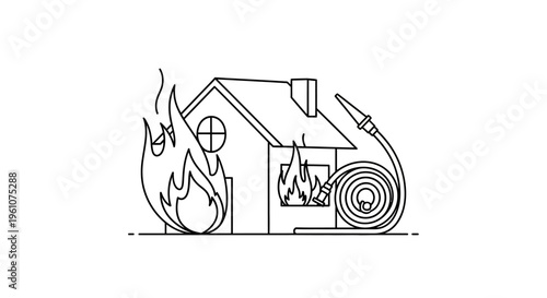 House on fire with burning flames.