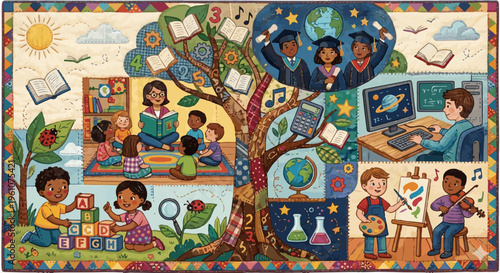 Education growth concept illustration in patchwork quilt style. Kindergarten to graduation education tree with diverse students