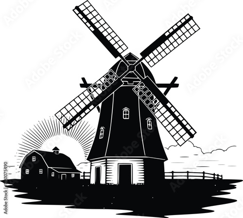 Vintage Windmill Farm Hand Drawn Silhouette Engraving Style Rural Landscape Vector