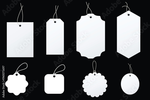 tags, labels, price tags, gift tags, blank tags, white tags, black background, strings, shapes, various sizes, collection, hanging tags, empty tags, simple design, minimalist, tag shapes, rectangle, o