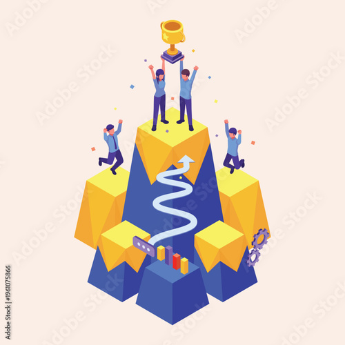 Team success isometric illustration with abstract geometric shapes representing business progress, collaborative achievement, and reaching new heights together