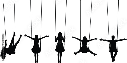 Black silhouettes of children and people swinging on rope swings in various playful poses isolated on a white background for design.