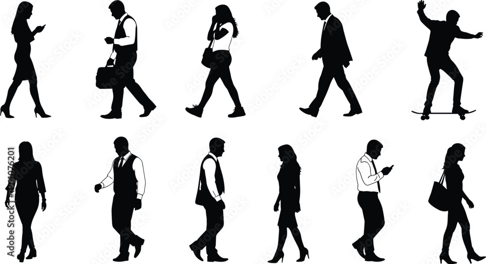 Fototapeta premium Black silhouettes of diverse business people walking talking on phones and skateboarding isolated on white background for urban lifestyle concepts