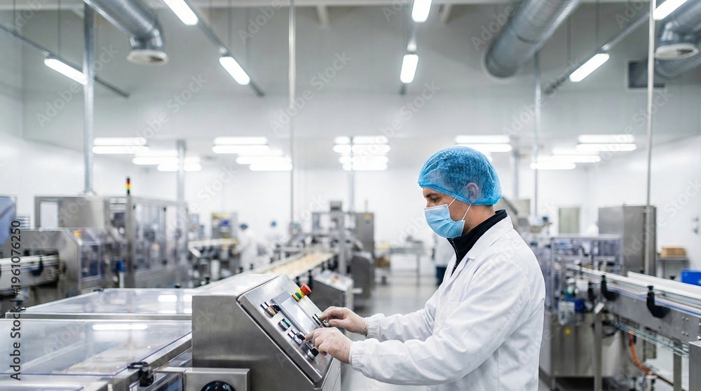 Naklejka premium Factory worker in protective gear operating machinery on an automated production line