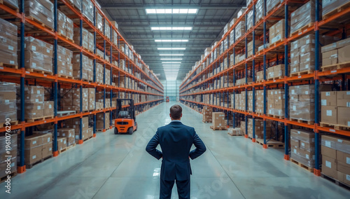Business leader overseeing large industrial warehouse from high angle, modern distribution center with organized shelving and boxes, logistics management concept, supply chain operations facility view