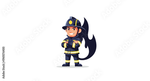 Little boy dressed as fireman standing.