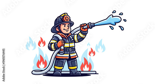 Firefighter spraying water from hose.