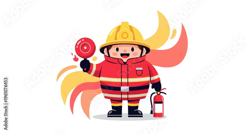 Cute cartoon fireman in uniform.