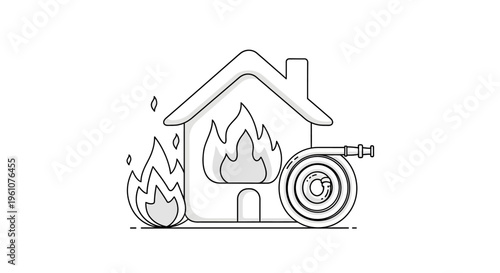 House on fire with burning flames.