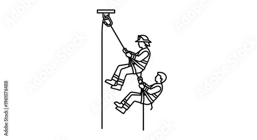 Workers climbing up a pole safely.